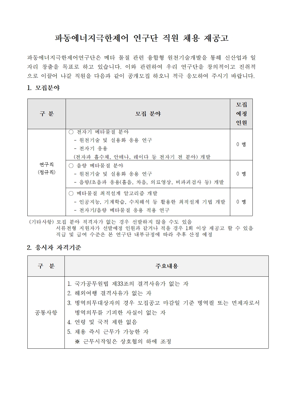  파동에너지극한제어 연구단 직원 채용 재공고 파동에너지극한제어연구단은 메타 물질 관련 융합형 원천기술개발을 통해 신산업과 일 자리 창출을 목표로 하고 있습니다. 이와 관련하여 우리 연구단을 창의적이고 진취적 으로 이끌어 나갈 직원을 다음과 같이 공개모집 하오니 적극 응모하여 주시기 바랍니다. 1. 모집분야 구분 ○ 전자기 메타물질 분야 모집 분야 모집 예정 인원 - 원천기술 및 실용화 응용 연구 0 명 전자기 응용 (전자파 흡수체, 안테나, 레이다 등 전자기 전 분야) 개발 연구직 ○ 음향 메타물질 분야 (정규직) - 원천기술 및 실용화 응용 연구 0명 - 음향/초음파 응용(흡음, 차음, 의료영상, 비파괴검사 등) 개발 ○메타물질 최적설계 알고리즘 개발 -인공지능, 기계학습, 수치해석 등 활용한 최적설계 기법 개발 전자기/음향 메타물질 응용 적용 연구 0명 (기타사항) 모집 분야 적격자가 없는 경우 선발하지 않을 수도 있음 서류전형 지원자가 선발예정 인원과 같거나 적을 경우 1회 이상 재공고 할 수 있음 직급 및 급여 수준은 본 연구단 내부규정에 따라 추후 산정 예정 2. 응시자 자격기준 구분 공통사항 주요내용 1. 국가공무원법 제33조의 결격사유가 없는 자 2. 해외여행 결격사유가 없는 자 3. 병역의무대상자의 경우 모집공고 마감일 기준 병역필 또는 면제자로서 병역의무를 기피한 사실이 없는 자 4. 연령 및 국적 제한 없음 5. 채용 즉시 근무가 가능한 자 ※ 근무시작일은 상호협의 하에 조정 