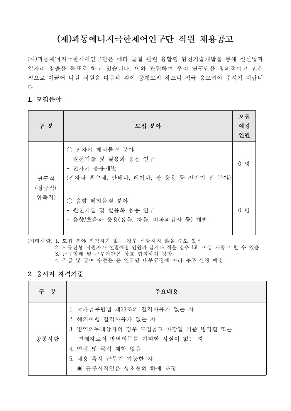 (재)파동에너지극한제어연구단 직원 채용공고     (재)파동에너지극한제어연구단은 메타 물질 관련 융합형 원천기술개발을 통해 신산업과 일자리 창출을 목표로 하고 있습니다. 이와 관련하여 우리 연구단을 창의적이고 진취 적으로 이끌어 나갈 직원을 다음과 같이 공개모집 하오니 적극 응모하여 주시기 바랍니 다.     1. 모집분야     구분 모집 분야 모집예정인원     연구직 (정규직/위촉직)      ○전자기 메타물질 분야     -원천기술 및 실용화 응용 연구     -전자기 응용개발(전자파 흡수체, 안테나, 레이다. 광 응용 등 전자기 전 분야) 0명     ○음향 메타물질 분야     -원천기술 및 실용화 응용 연구     -음향/초음파 응용(흡음, 차음, 비파괴검사 등) 개발 0명     (기타사항) 1. 모집 분야 적격자가 없는 경우 선발하지 않을 수도 있음     2. 서류전형 지원자가 선발예정 인원과 같거나 적을 경우 1회 이상 재공고 할 수 있음     3. 근무형태 및 근무기간은 상호 협의하여 정함     4. 직급 및 급여 수준은 본 연구단 내부규정에 따라 추후 산정 예정     2. 응시자 자격기준     구분 주요내용     공통사항     1. 국가공무원법 제33조의 결격사유가 없는 자     2. 해외여행 결격사유가 없는 자     3. 병역의무대상자의 경우 모집공고 마감일 기준 병역필 또는     면제자로서 병역의무를 기피한 사실이 없는 자     4. 연령 및 국적 제한 없음     5. 채용 즉시 근무가 가능한 자     ※ 근무시작일은 상호협의 하에 조정     